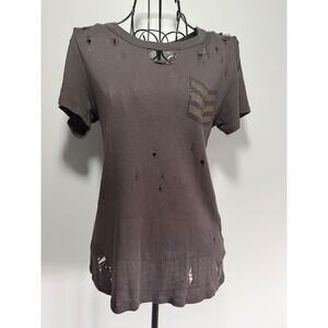 Chaser Womens Distressed Studded Chevron T-Shirt Gray Cotton XS
